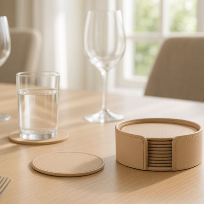 Beige Faux Leather Coaster Set