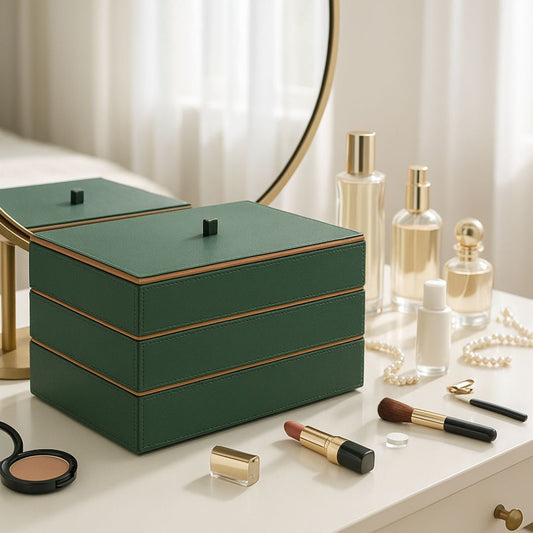 Green Faux Leather Set of 3 Stack Tray With Lid