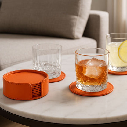 Orange Faux Leather Coaster Set