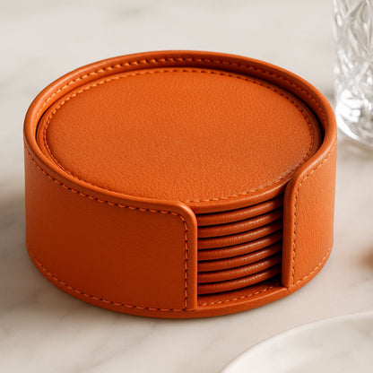 Orange Faux Leather Coaster Set