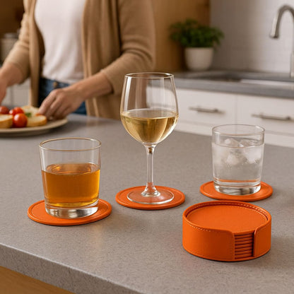 Orange Faux Leather Coaster Set