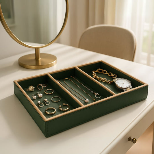 Green Faux Leather Slot of 3 Stack Tray