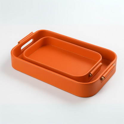 Hand Crafted Faux Leather Set of 2 Trays With Wooden Handle (Orange)