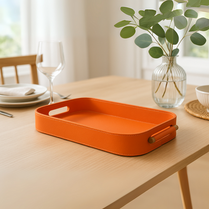Orange Faux Leather Small Serving Tray With Wooden Handle