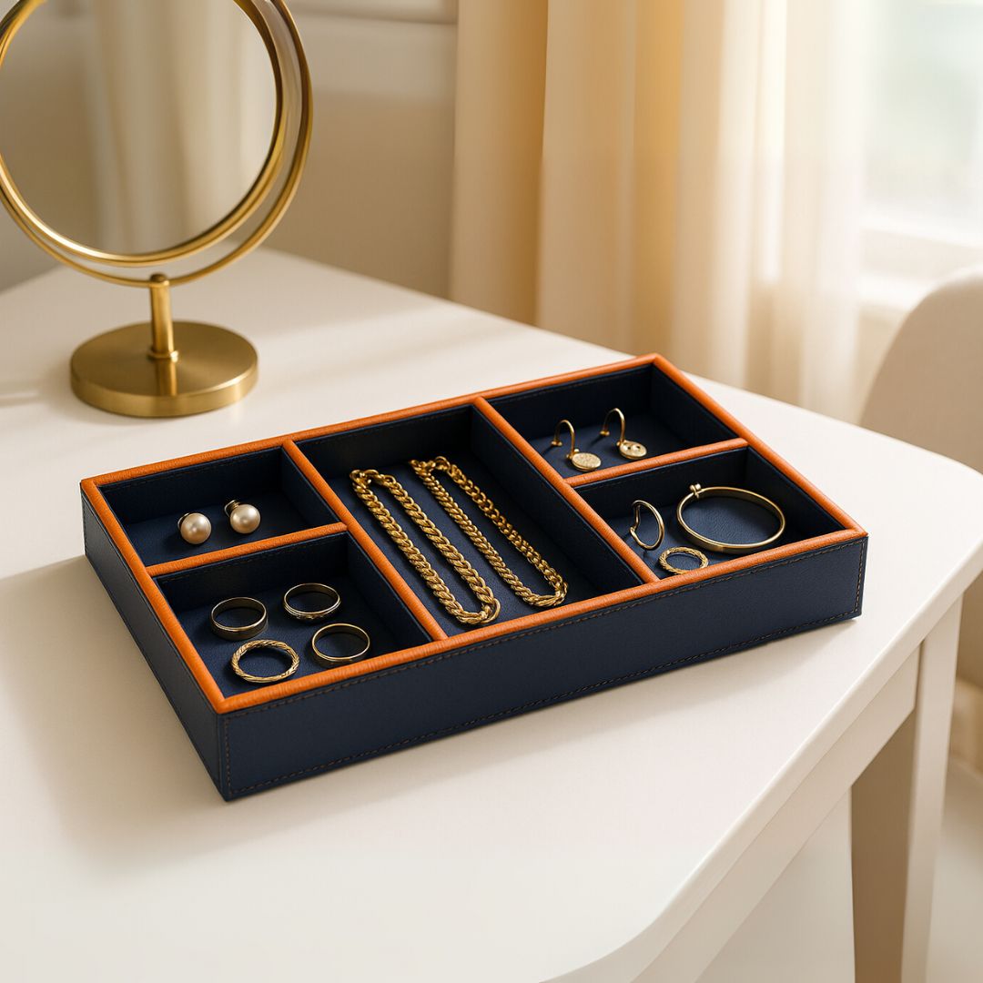 Blue Faux Leather Set of 3 Stack Tray With Lid