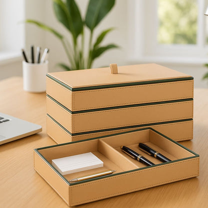 Beige Faux Leather Set of 3 Stack Tray With Lid