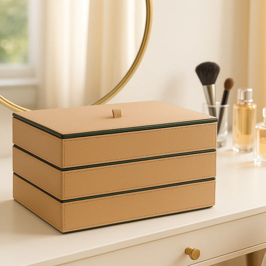Beige Faux Leather Set of 3 Stack Tray With Lid