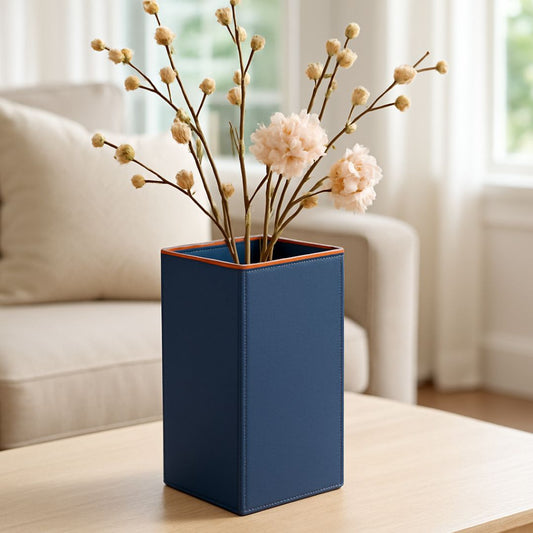 Blue Faux Leather Medium Vertical Flower Vase