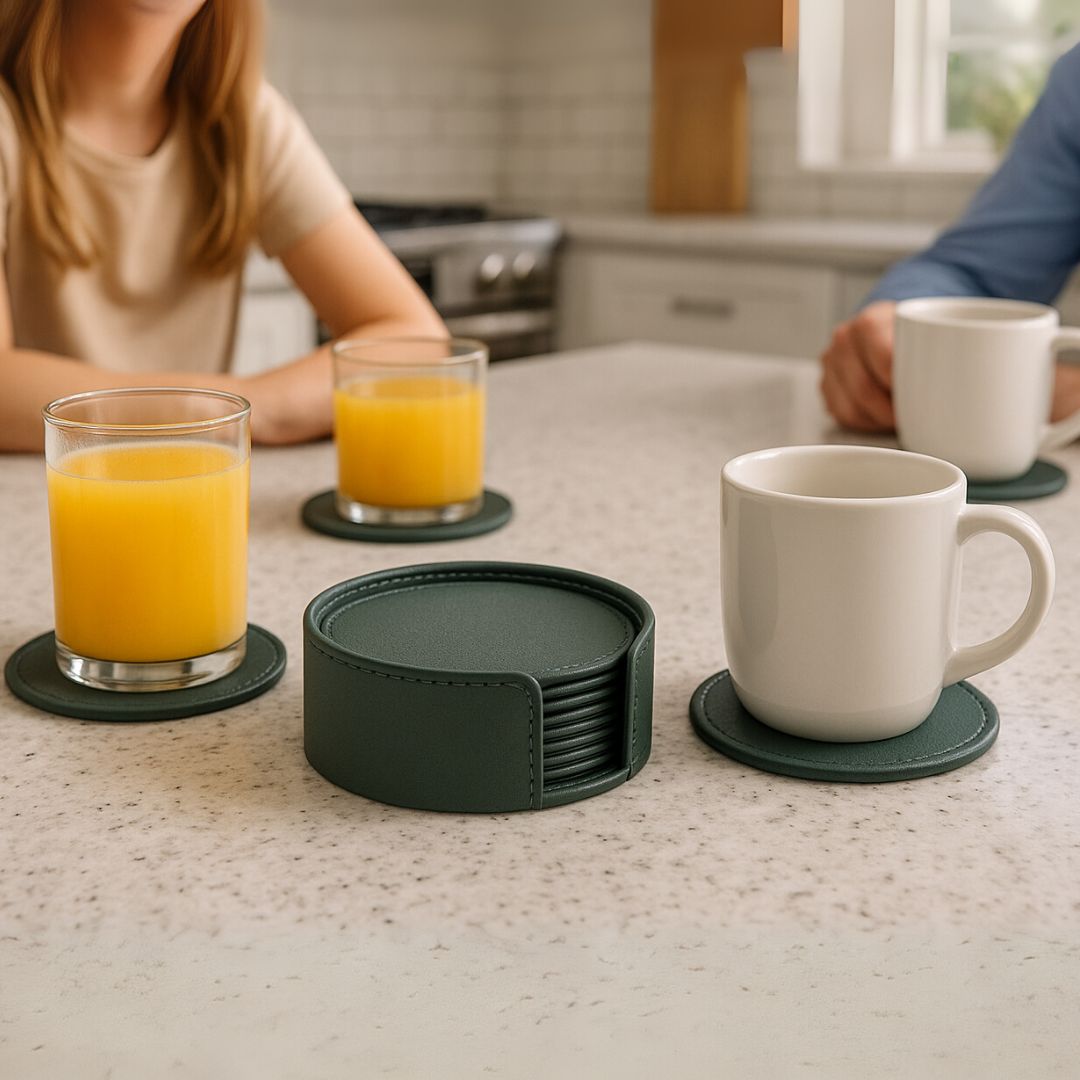 Green Faux Leather Coaster Set