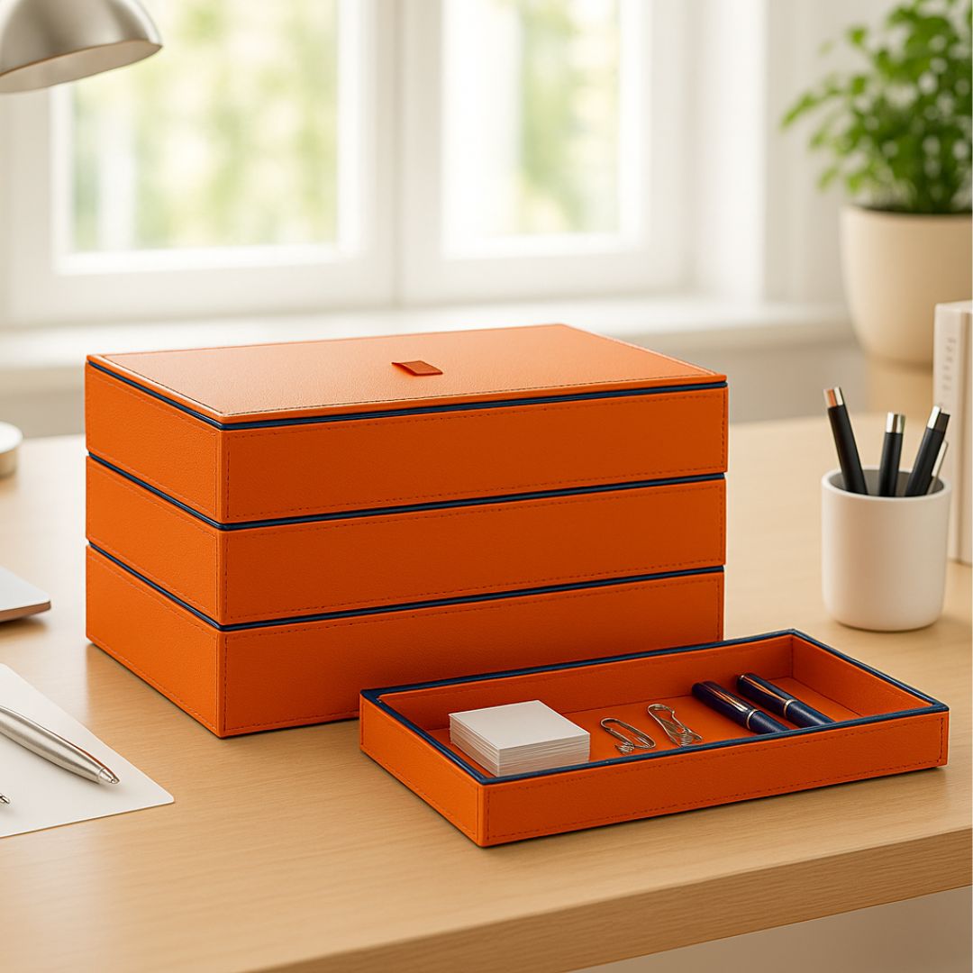 Orange Faux Leather Set of 3 Stack Tray With Lid