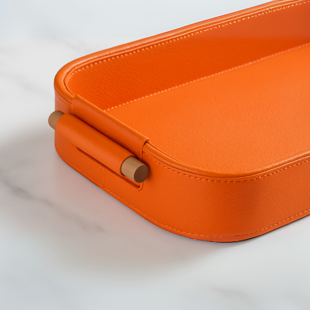 Orange Faux Leather Large Serving Tray With Wooden Handle