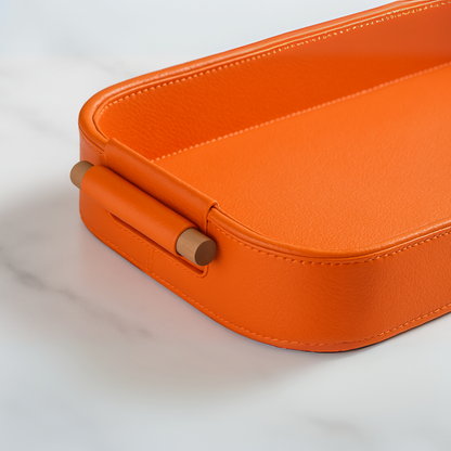 Orange Faux Leather Large Serving Tray With Wooden Handle