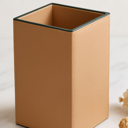 Beige Faux Leather Medium Vertical Flower Vase