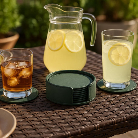 Green Faux Leather Coaster Set
