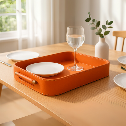 Orange Faux Leather Large Serving Tray With Wooden Handle