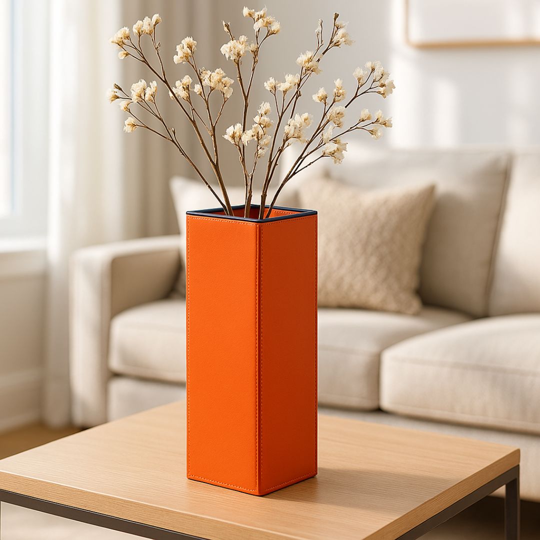 Orange Faux Leather Large Vertical Flower Vase