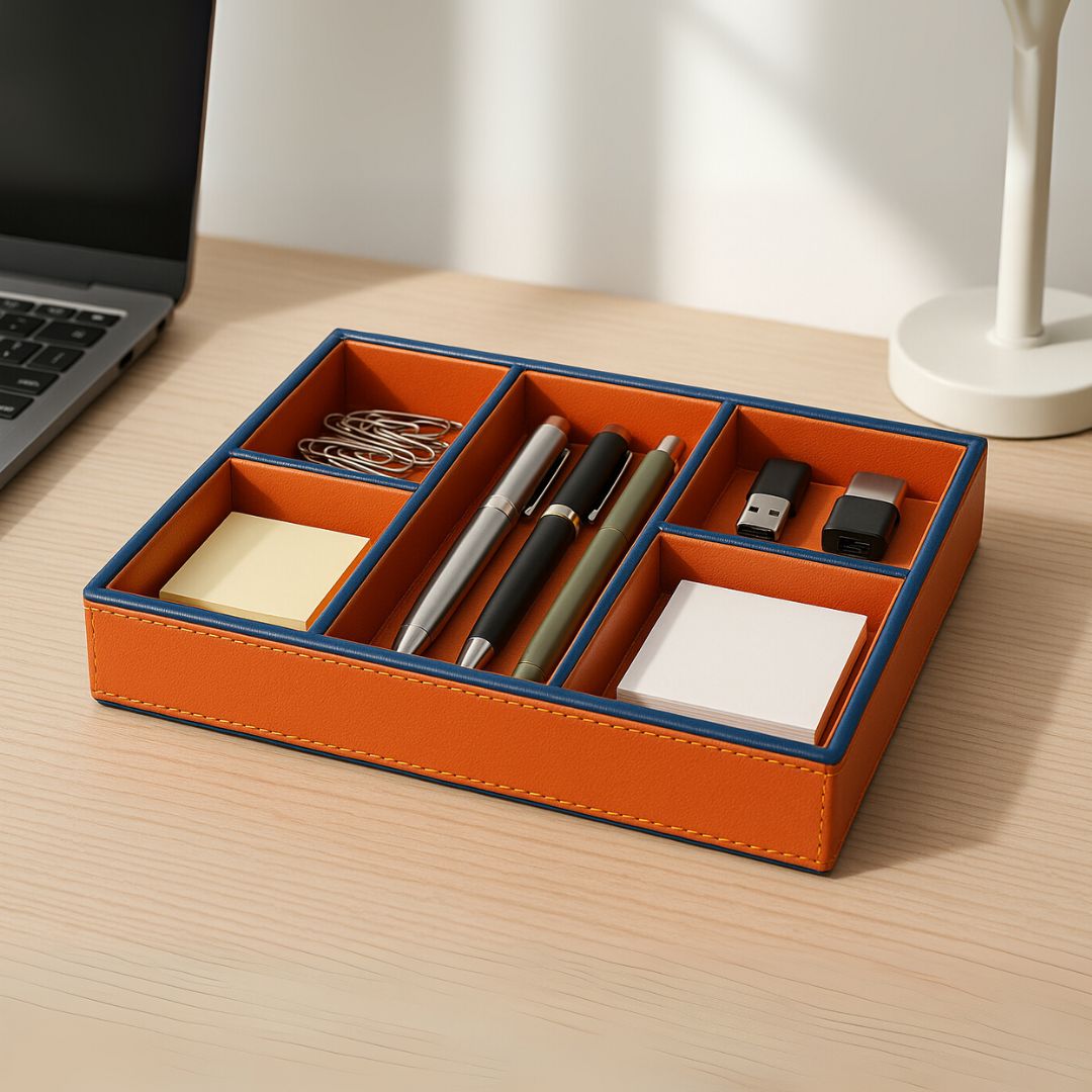 Orange Faux Leather Set of 3 Stack Tray With Lid