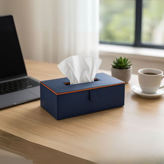 Blue Faux Leather Tissue Box Holder