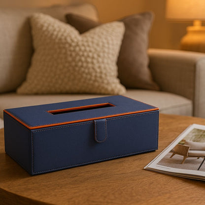 Blue Faux Leather Tissue Box Holder