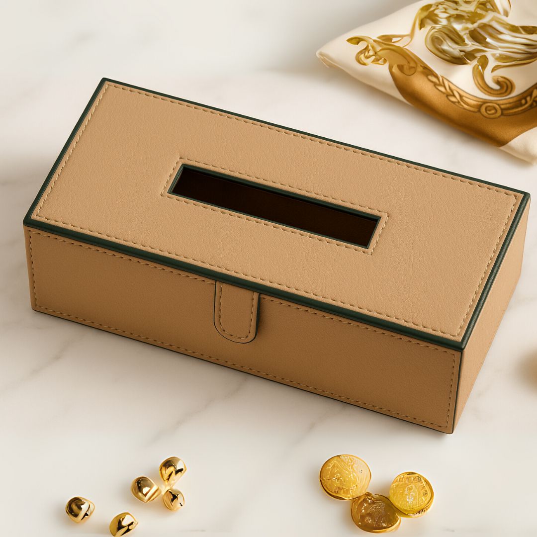Beige Faux Leather Tissue Box Holder