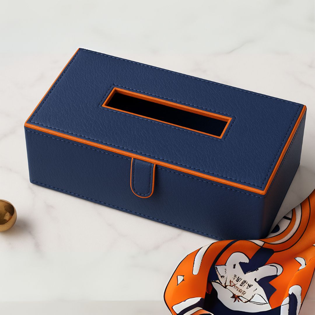 Blue Faux Leather Tissue Box Holder