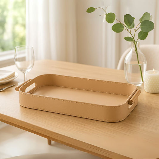 Beige Faux Leather Small Serving Tray With Wooden Handle