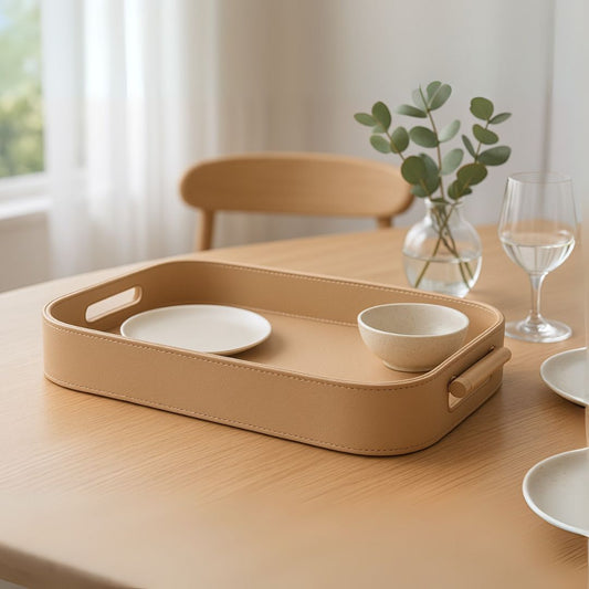 Beige Faux Leather Large Serving Tray With Wooden Handle