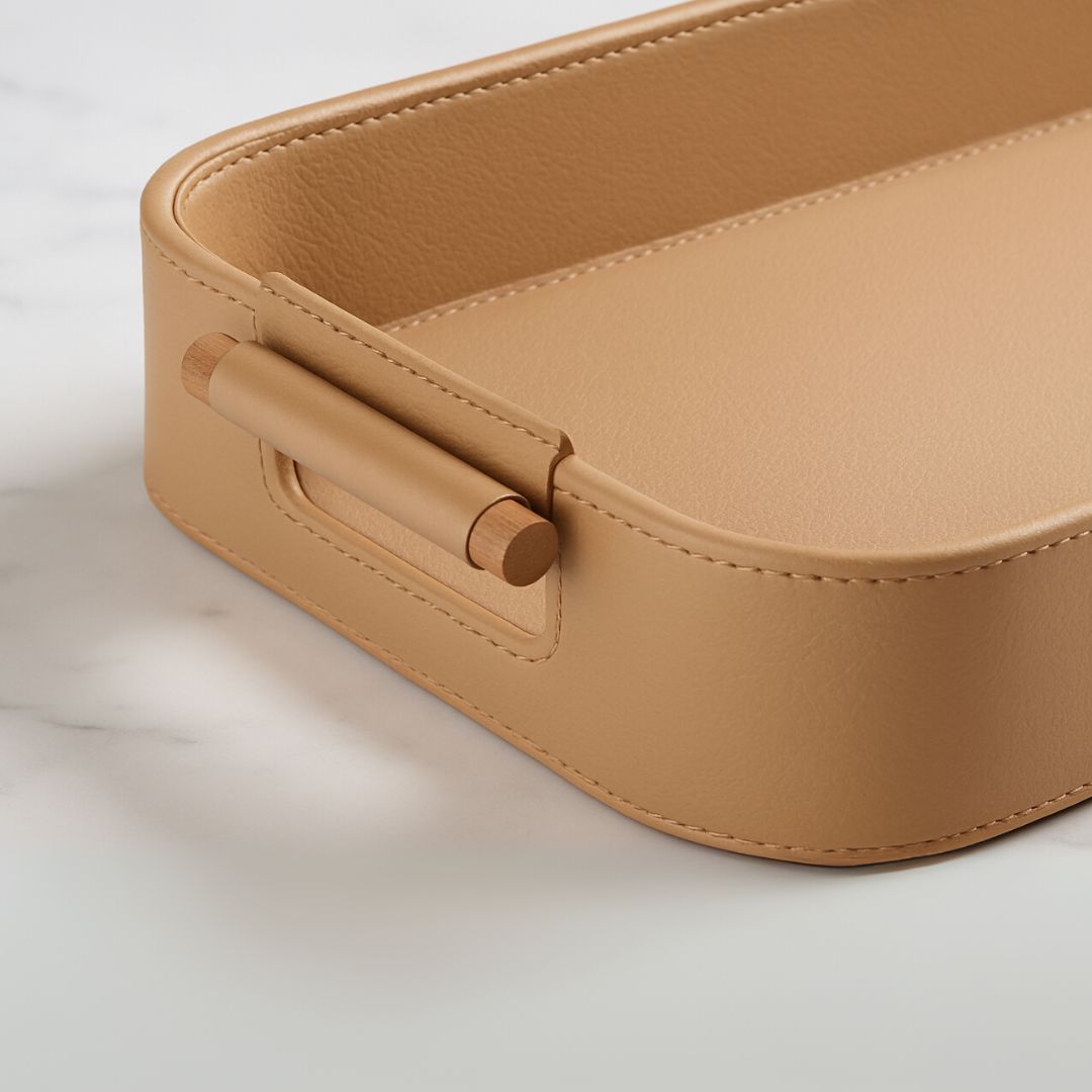 Beige Faux Leather Large Serving Tray With Wooden Handle