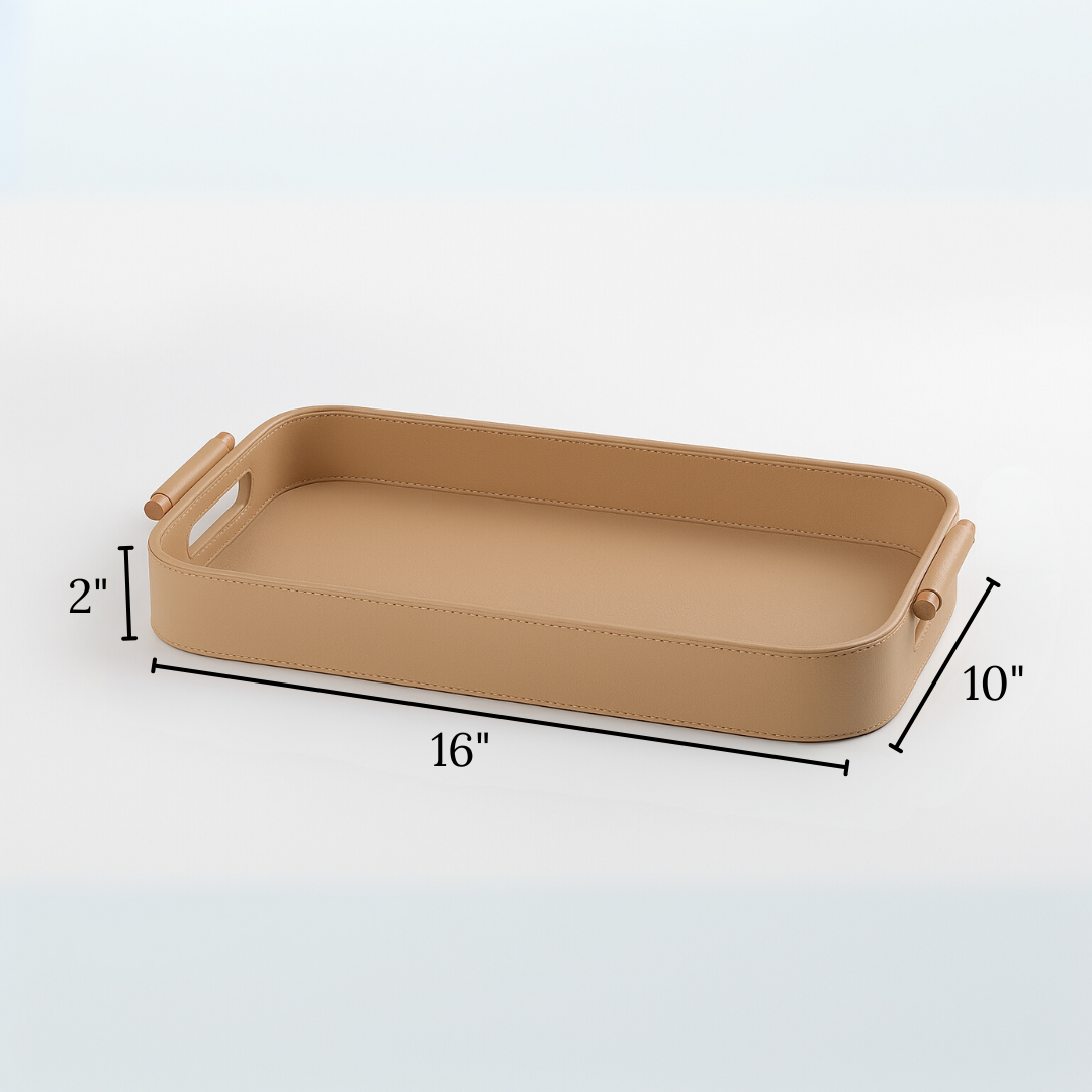 Beige Faux Leather Small Serving Tray With Wooden Handle