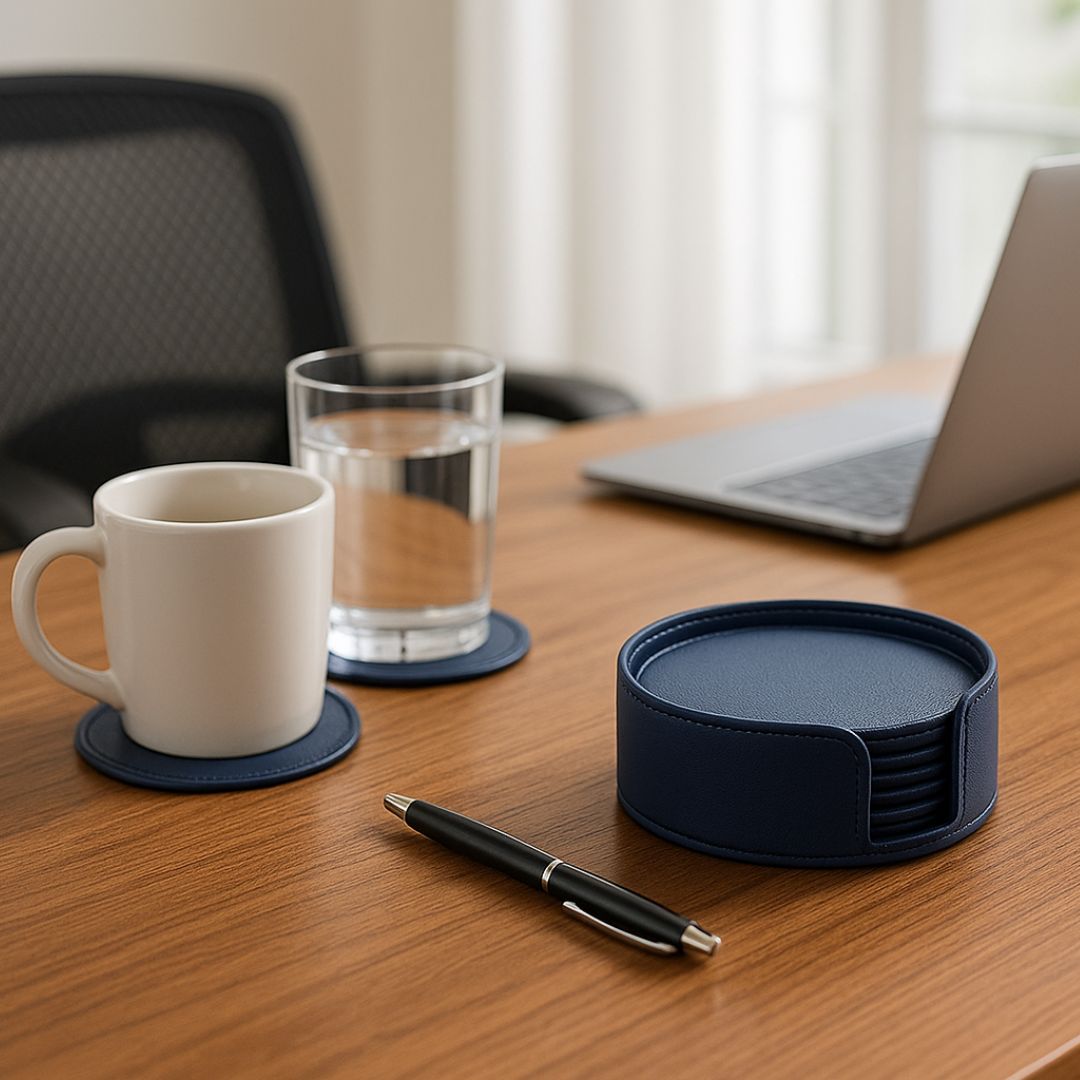 Blue Faux Leather Coaster Set