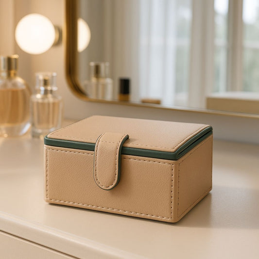 Beige Faux Leather Small Storage Box with Magnetic Lock