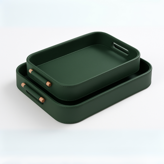 Hand Crafted Faux Leather Set of 2 Trays With Wooden Handle (Green)