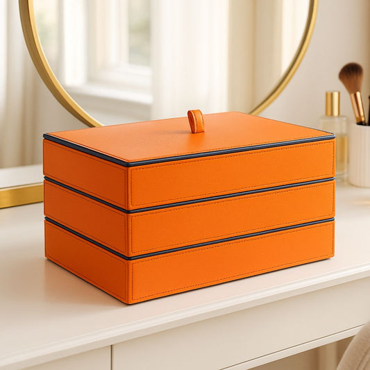 Orange Faux Leather Set of 3 Stack Tray With Lid