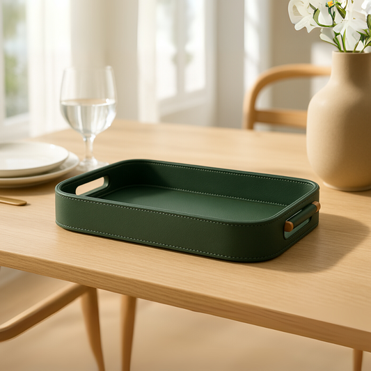 Green Faux Leather Small Serving Tray With Wooden Handle