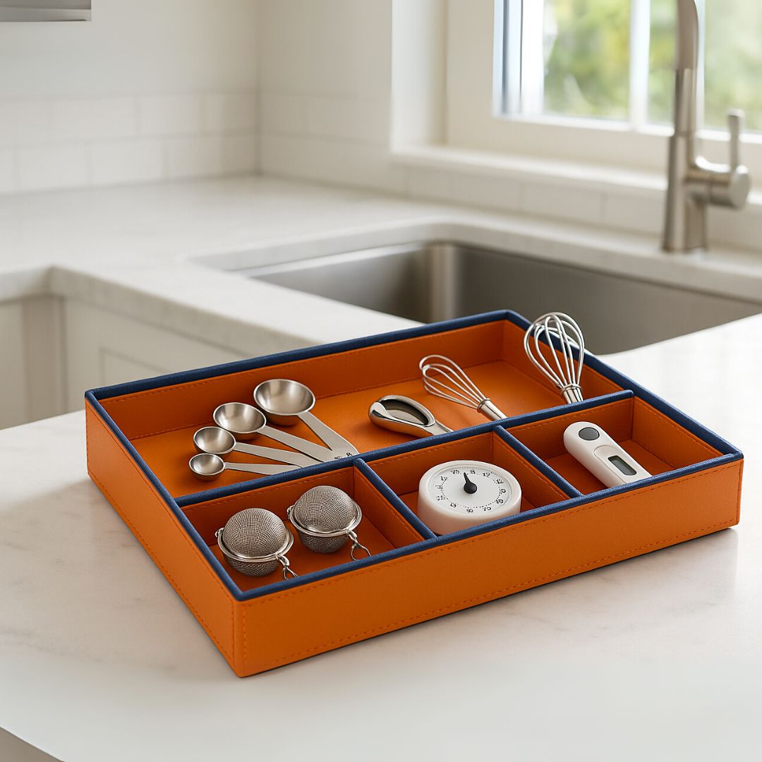 Orange Faux Leather Set of 3 Stack Tray With Lid