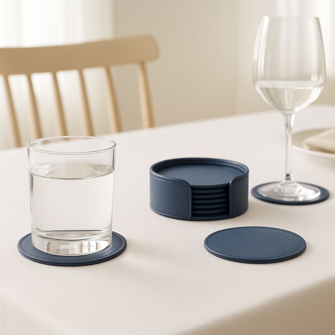 Blue Faux Leather Coaster Set