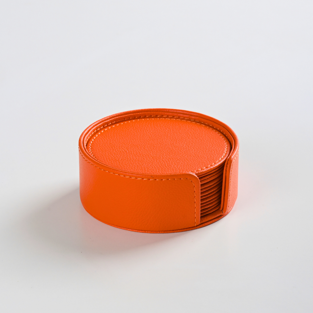 Orange Faux Leather Coaster Set