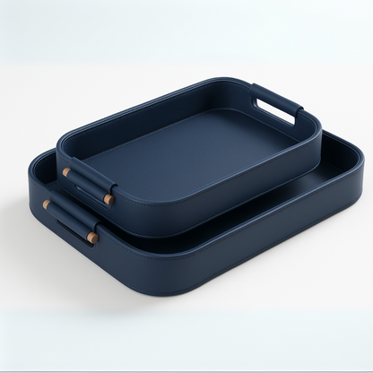 Hand Crafted Faux Leather Set of 2 Trays With Wooden Handle (Blue)