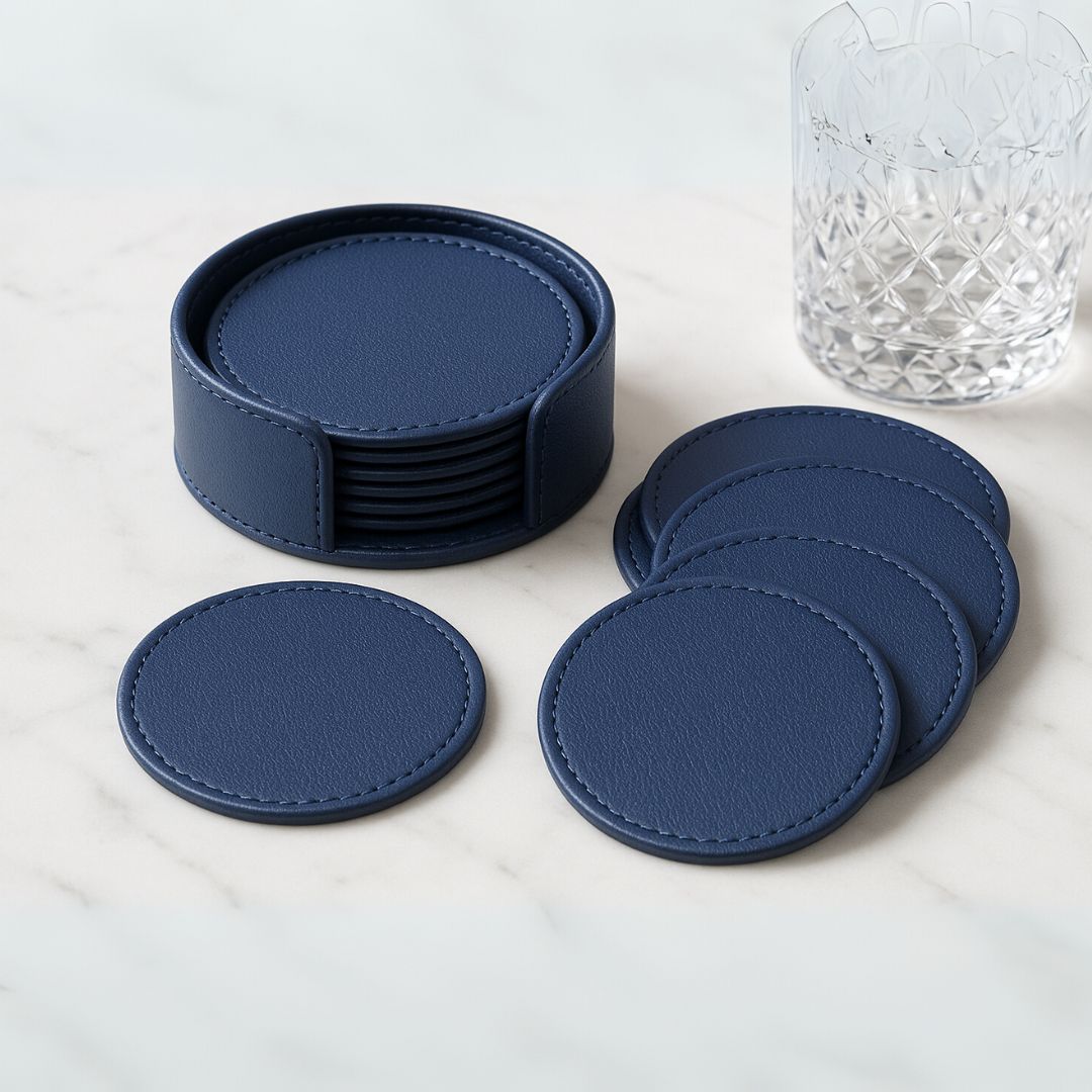 Blue Faux Leather Coaster Set
