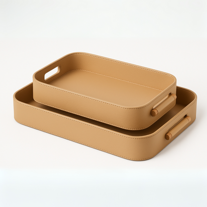 Hand Crafted Faux Leather Set of 2 Trays With Wooden Handle (Beige)
