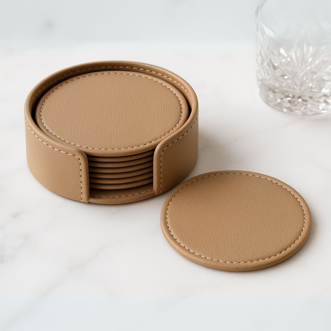 Beige Faux Leather Coaster Set