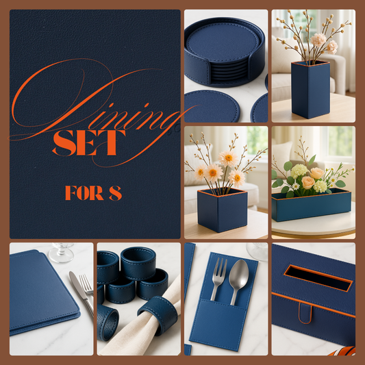 Blue Faux Leather Dining Set for 8