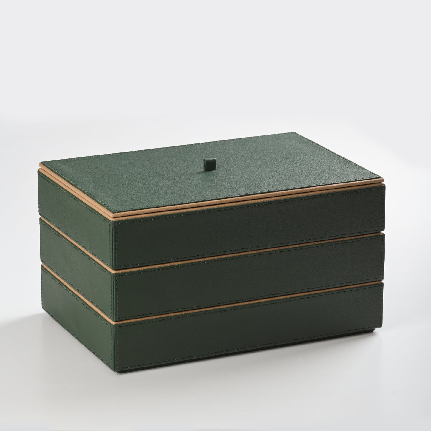 Green Faux Leather Set of 3 Stack Tray With Lid