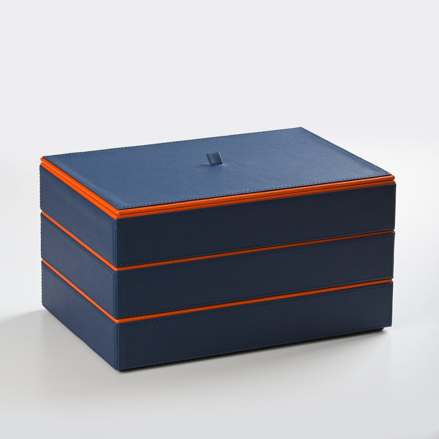 Blue Faux Leather Set of 3 Stack Tray With Lid