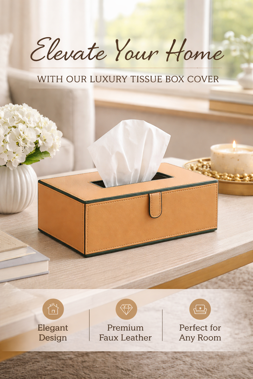 Beige Faux Leather Tissue Box Holder