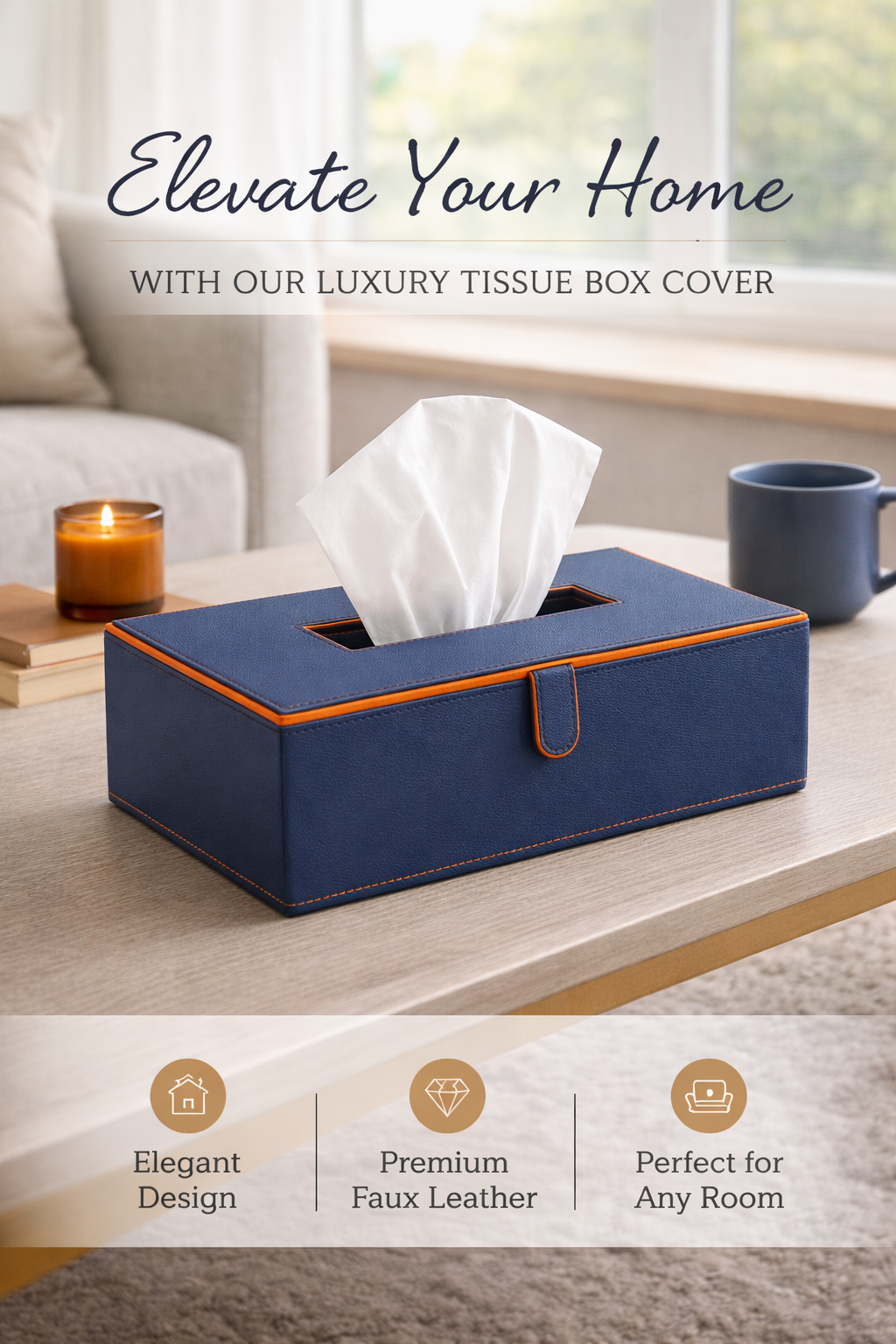 Blue Faux Leather Tissue Box Holder