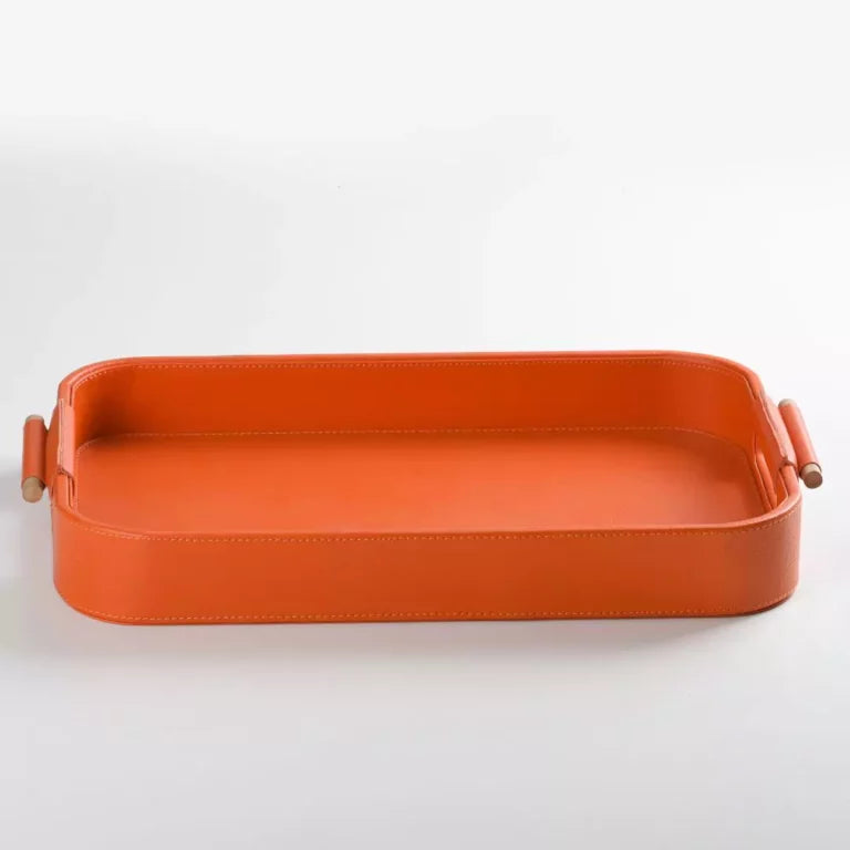 Orange Faux Leather Small Serving Tray With Wooden Handle