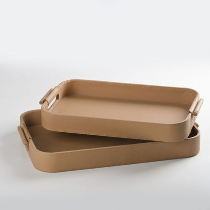 Hand Crafted Faux Leather Set of 2 Trays With Wooden Handle (Beige)