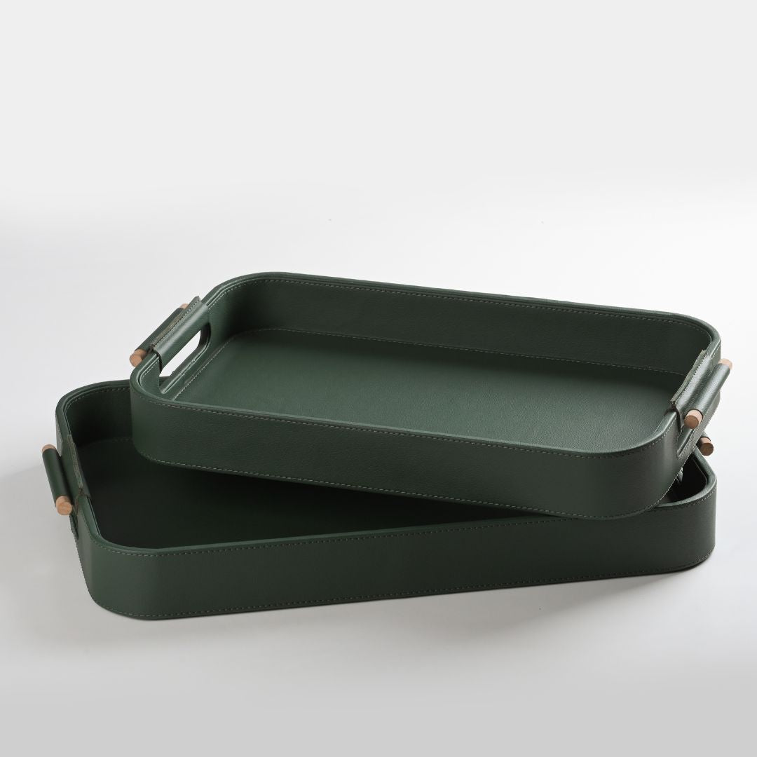 Hand Crafted Faux Leather Set of 2 Trays With Wooden Handle (Green)