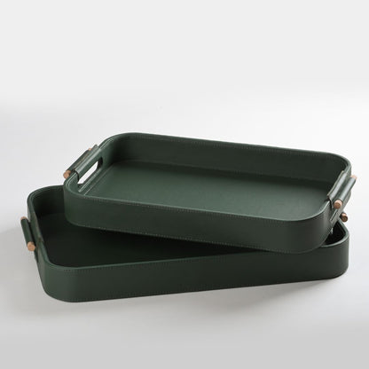 Hand Crafted Faux Leather Set of 2 Trays With Wooden Handle (Green)